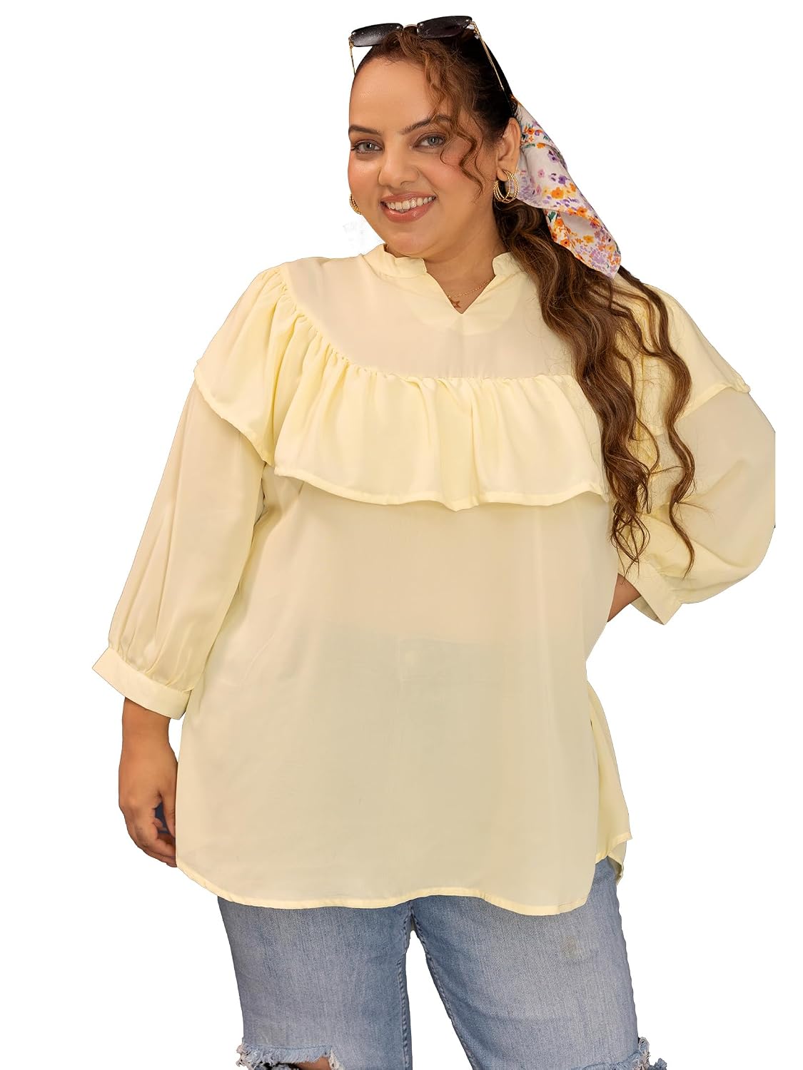Women Plus Size Solid Georgette Top | Mandarin Collar | V-Slit Neck | 3/4 Sleeves | Gathered Yoke | Relaxed Fit