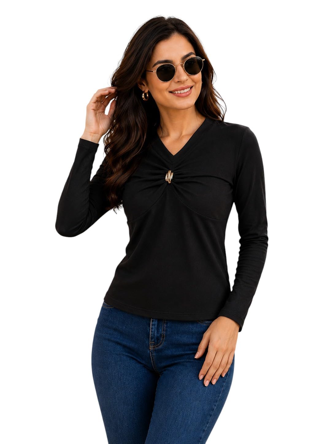 Full Sleeve V-Neck Gathered Top for Women | V-Neckline