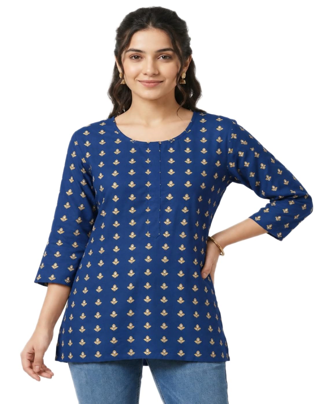 Floral Printed Short Kurti for Women | Round Neck Half Sleeve Kurti Top ( May Vary According to Stock)