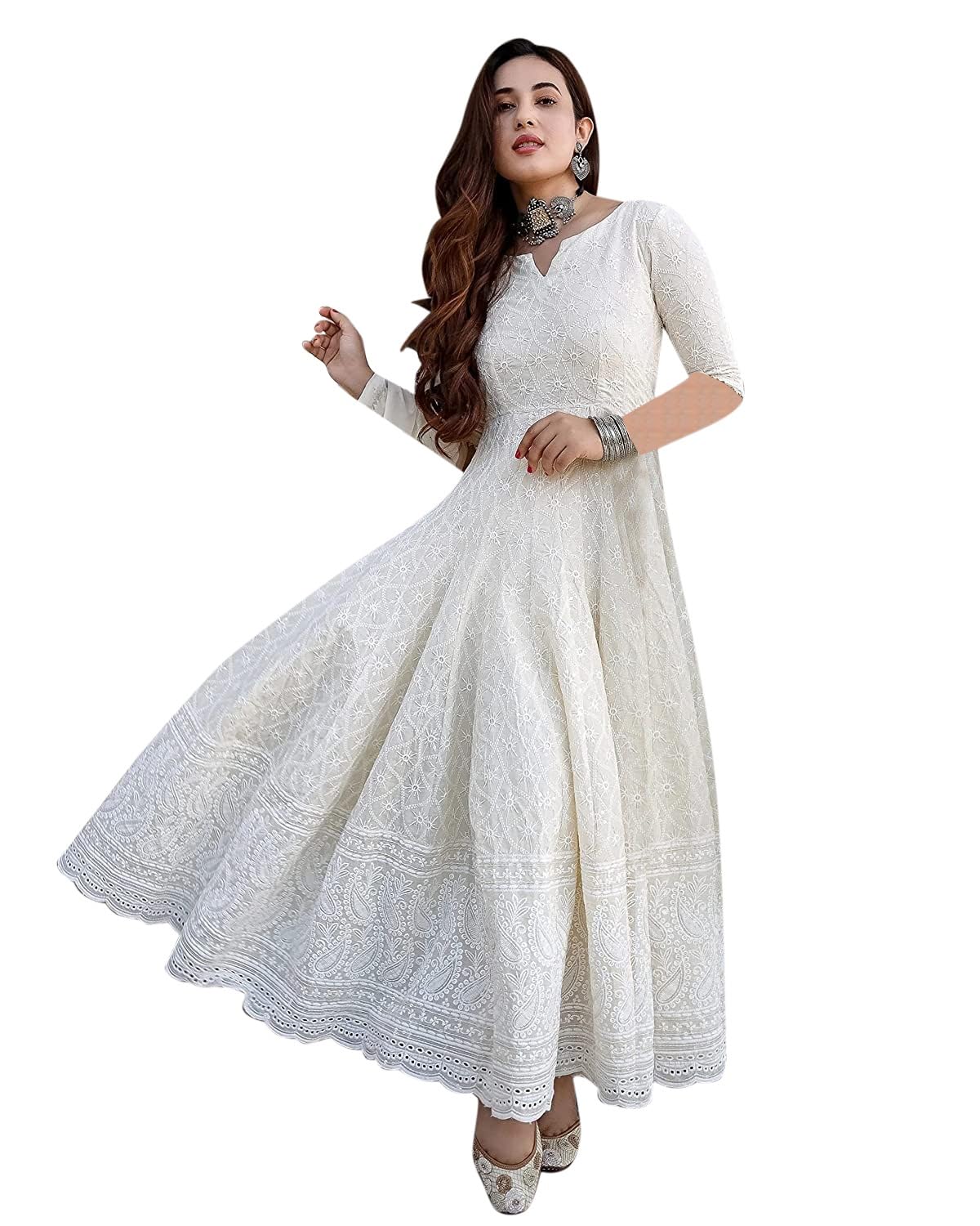 Women's Chikankari Embroidered Ethnic Gown, Ankle Length Flared Dress, 3/4 Sleeves, Traditional Indian Wear