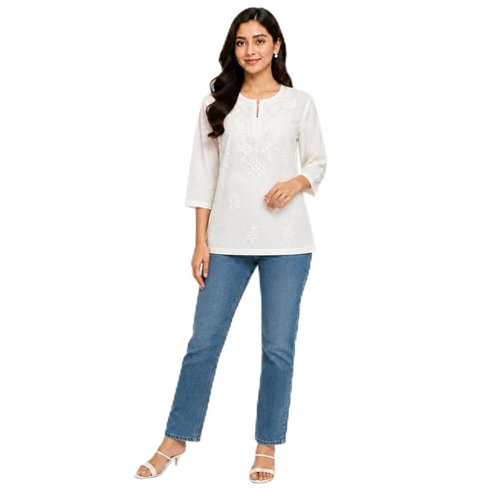 Women's Chikankari Embroidered Kurti, 3/4 Sleeve