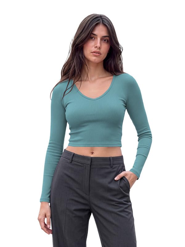 Women's Ribbed V-Neck Full Sleeve Crop Top Slim Fit Stretchable Casual T-Shirt for Everyday Wear