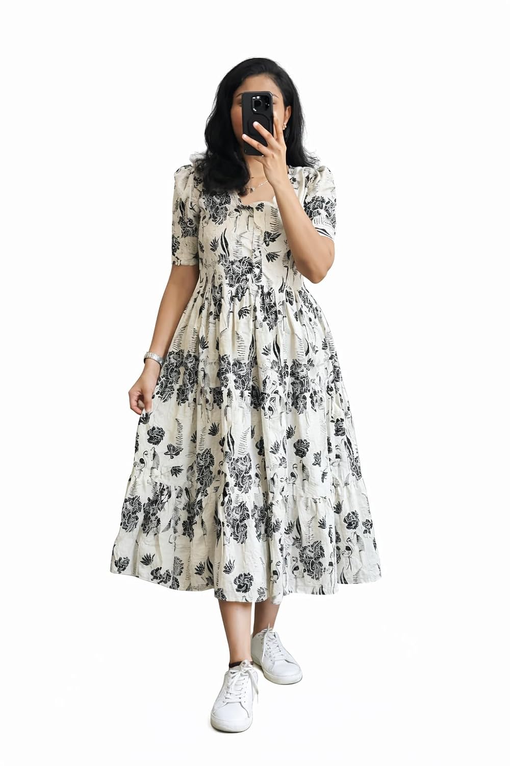 Women's Bandhani Print Tiered Maxi Dress, Short Sleeve, Square Neck, Cotton