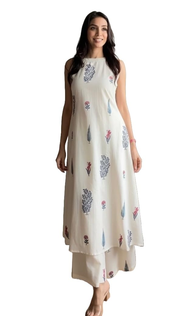 Women Pure Cotton Kurta Palazzo Set | Sleeveless Printed Kurta with Palazzo Pants | Summer Friendly, Office Wear Co-Ord Set