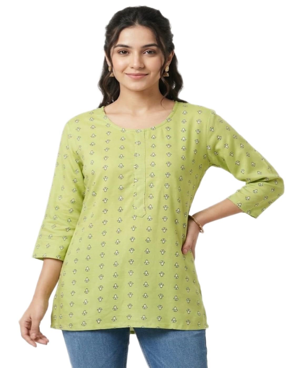 Floral Printed Short Kurti for Women | Round Neck Half Sleeve Kurti Top ( May Vary According to Stock)