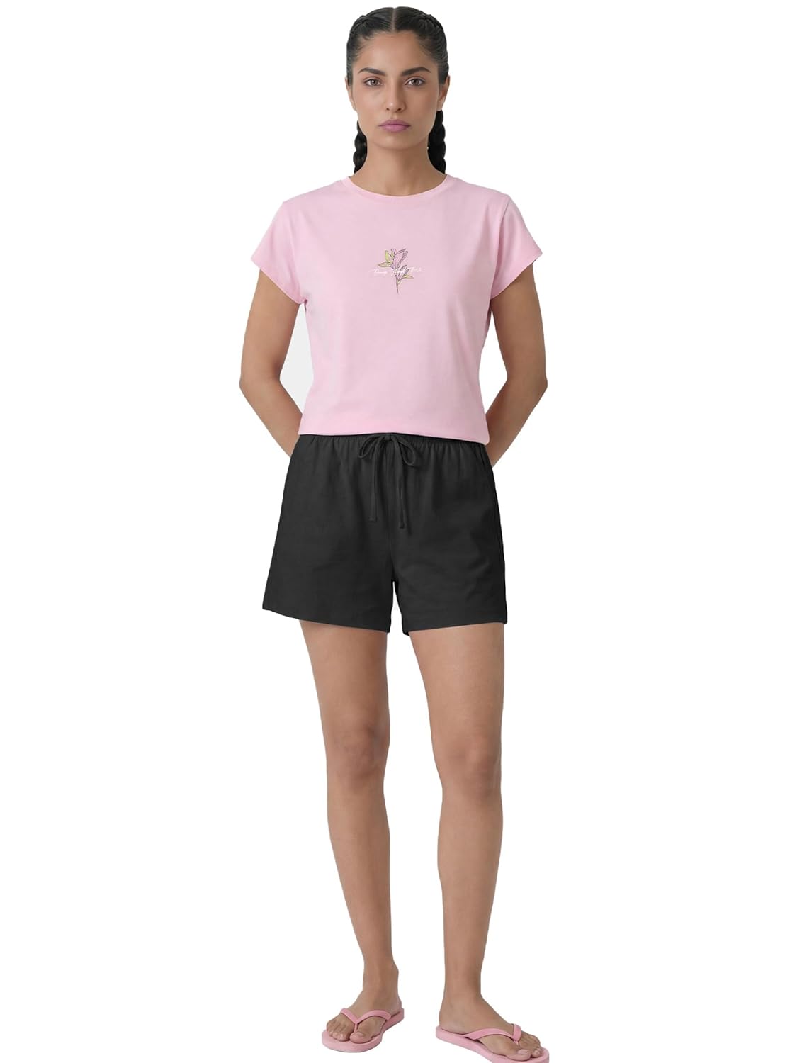 Essentials Mid Rise Relaxed Fit Mid Thigh Length Cotton Slub Jersey Shorts for Womens with 2 Pockets-E062