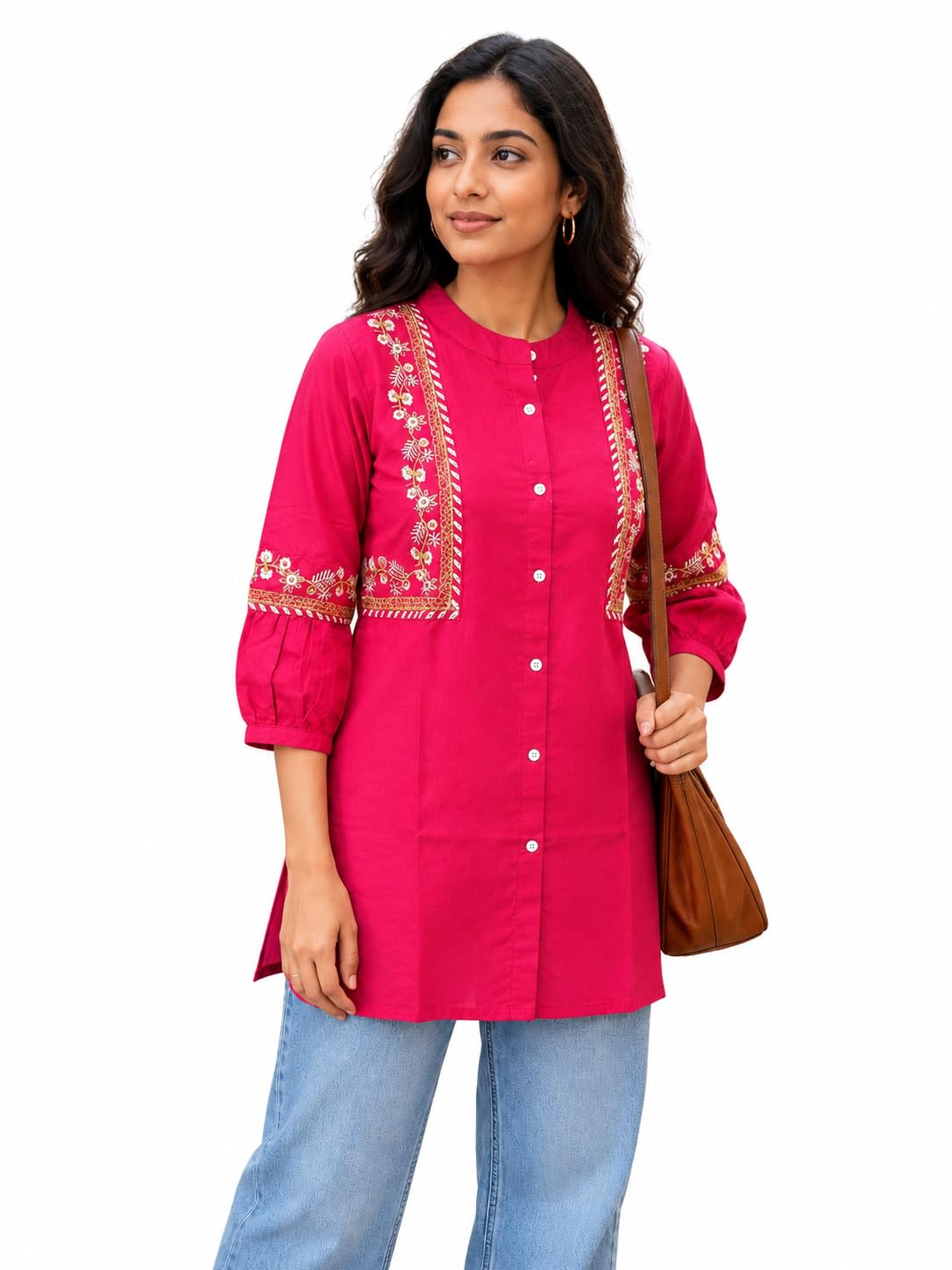 Tunics for Women | Cotton Tunic Tops for Women | Embroidered 3/4 Sleeve Short Kurti Top for Jeans | Casual
