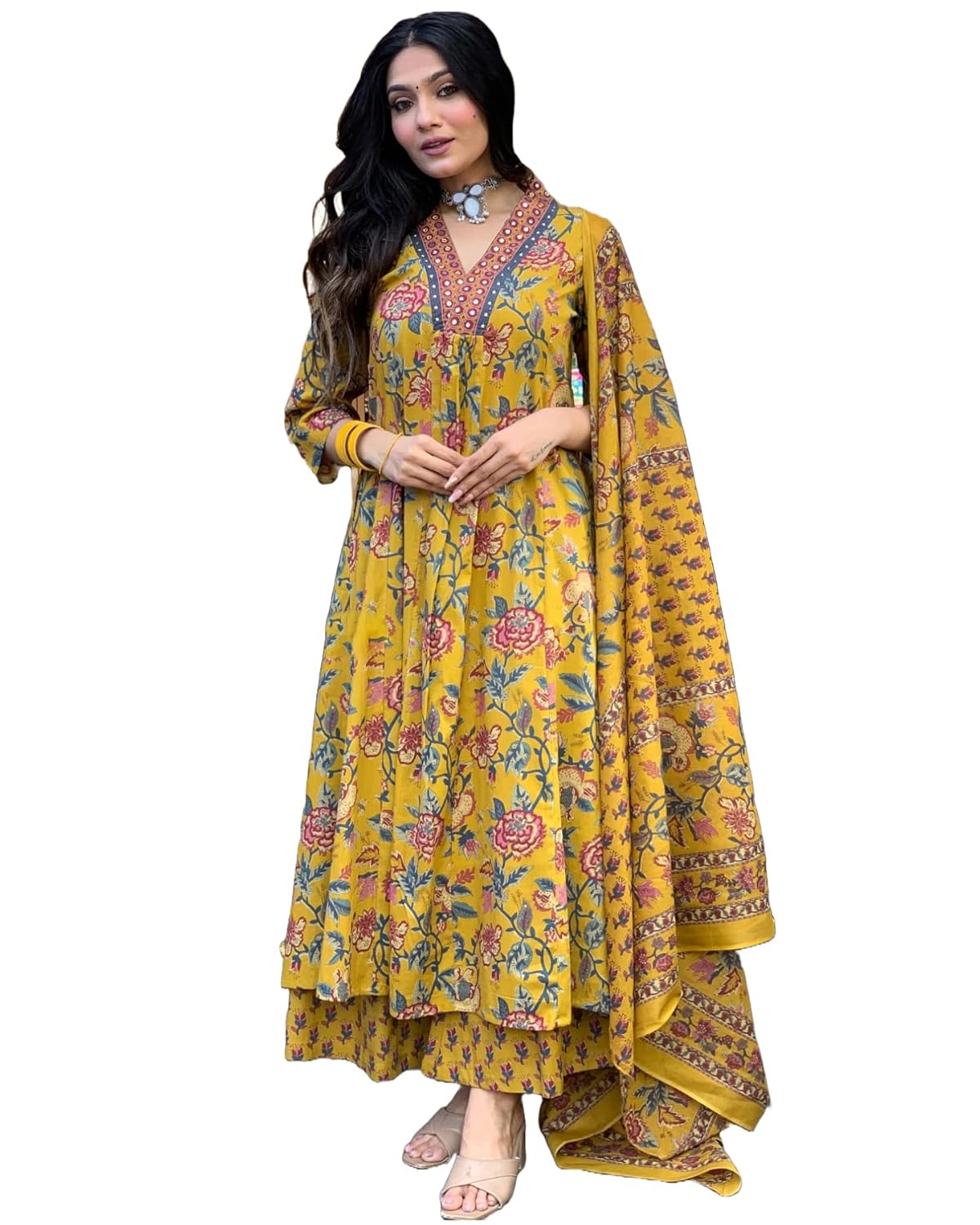 Women's Rayon Viscose Anarkali Printed Kurta with Palazzo & Dupatta