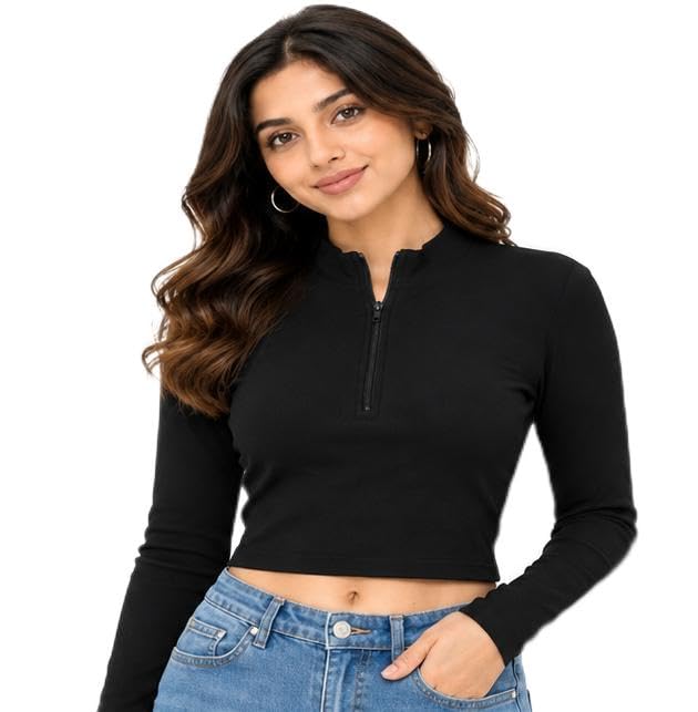 Women's Long Sleeve Crop Top with Half Zip