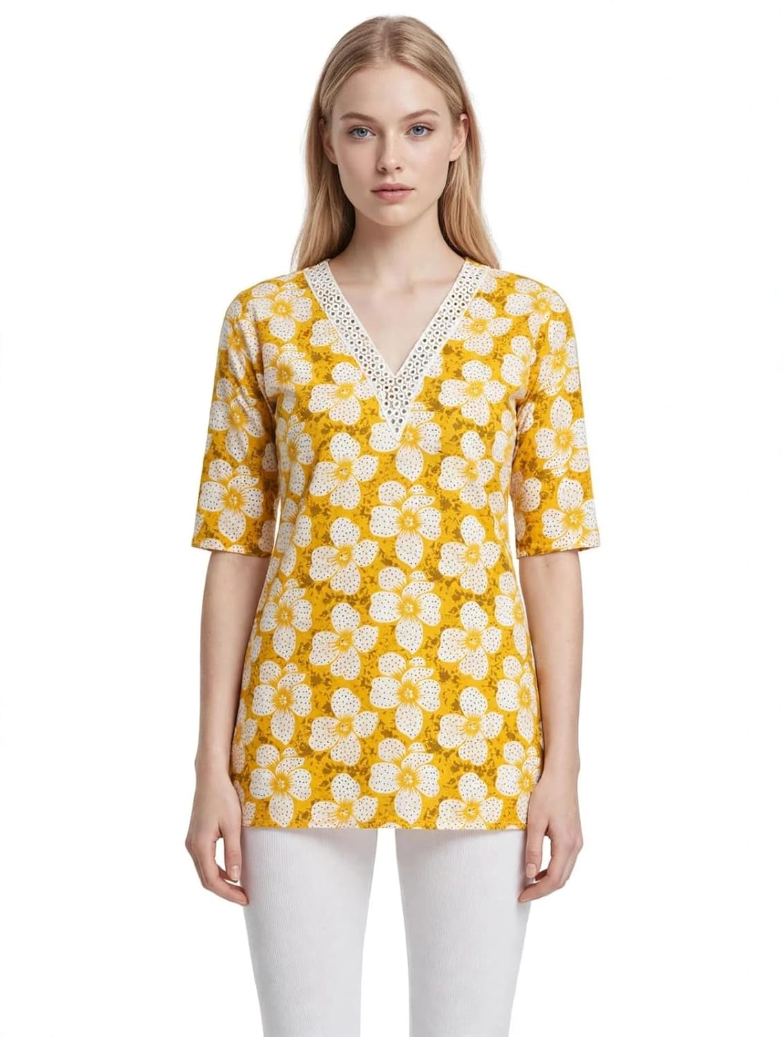 Women's Floral Print Tunic Top with V-Neck, 3/4 Sleeves