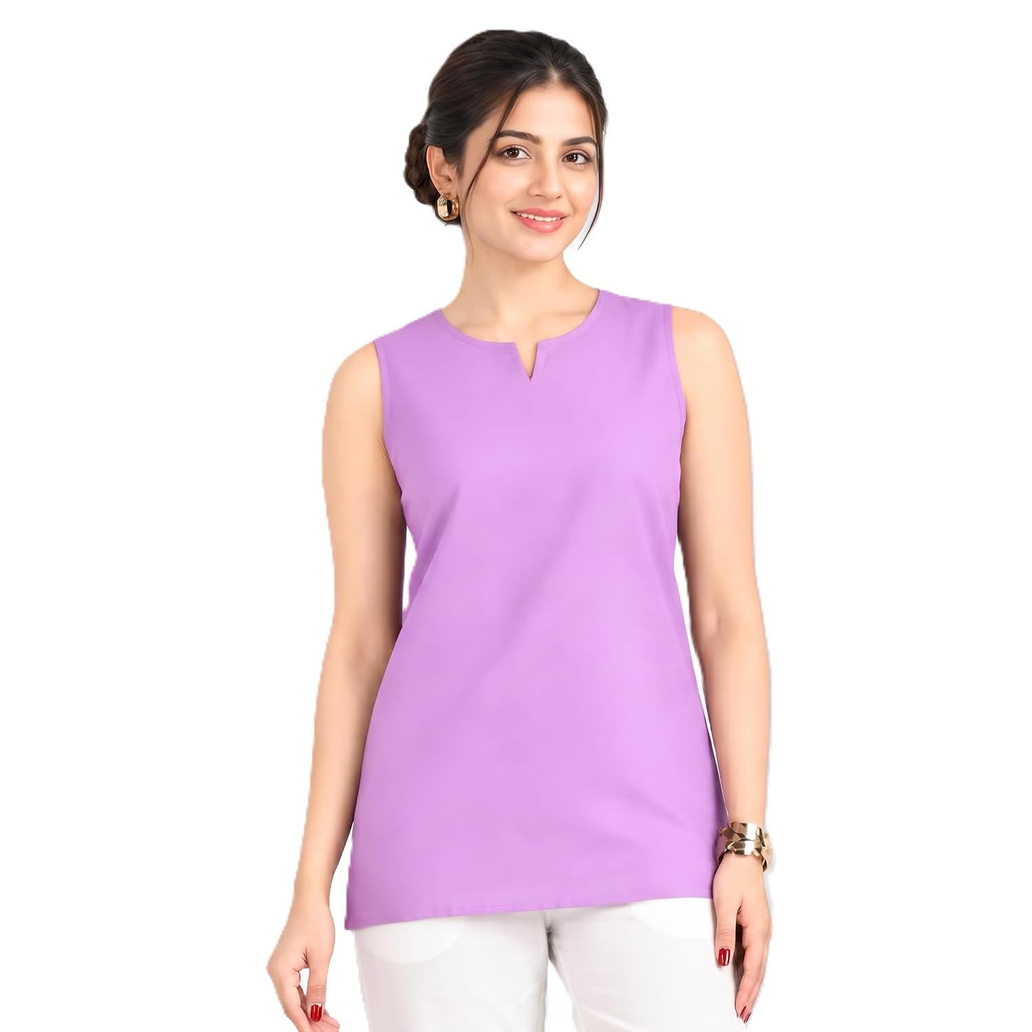 Pure Cotton Sleeveless Short Kurti for Women V-Neck Solid Kurta Top for Jeans Office Casual & Daily Use