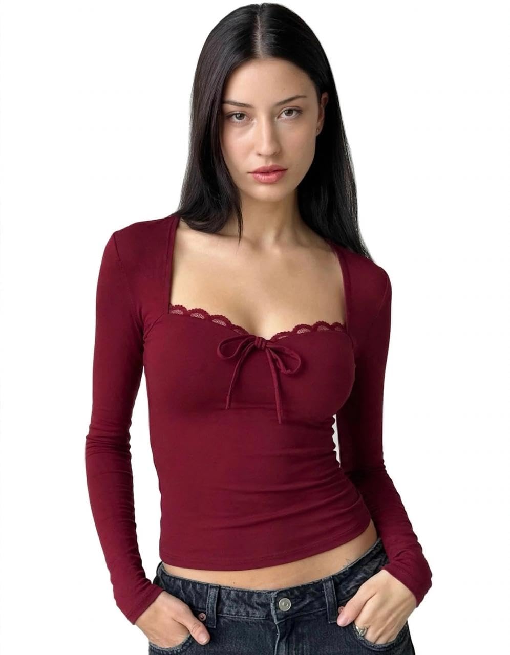bow lace sweatheart neck full sleeve bodycon top
