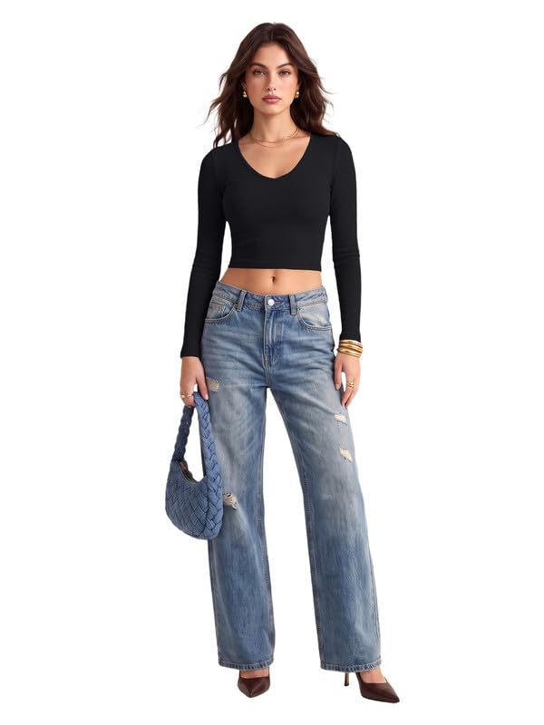 Women's Ribbed V-Neck Full Sleeve Crop Top Slim Fit Stretchable Casual T-Shirt for Everyday Wear