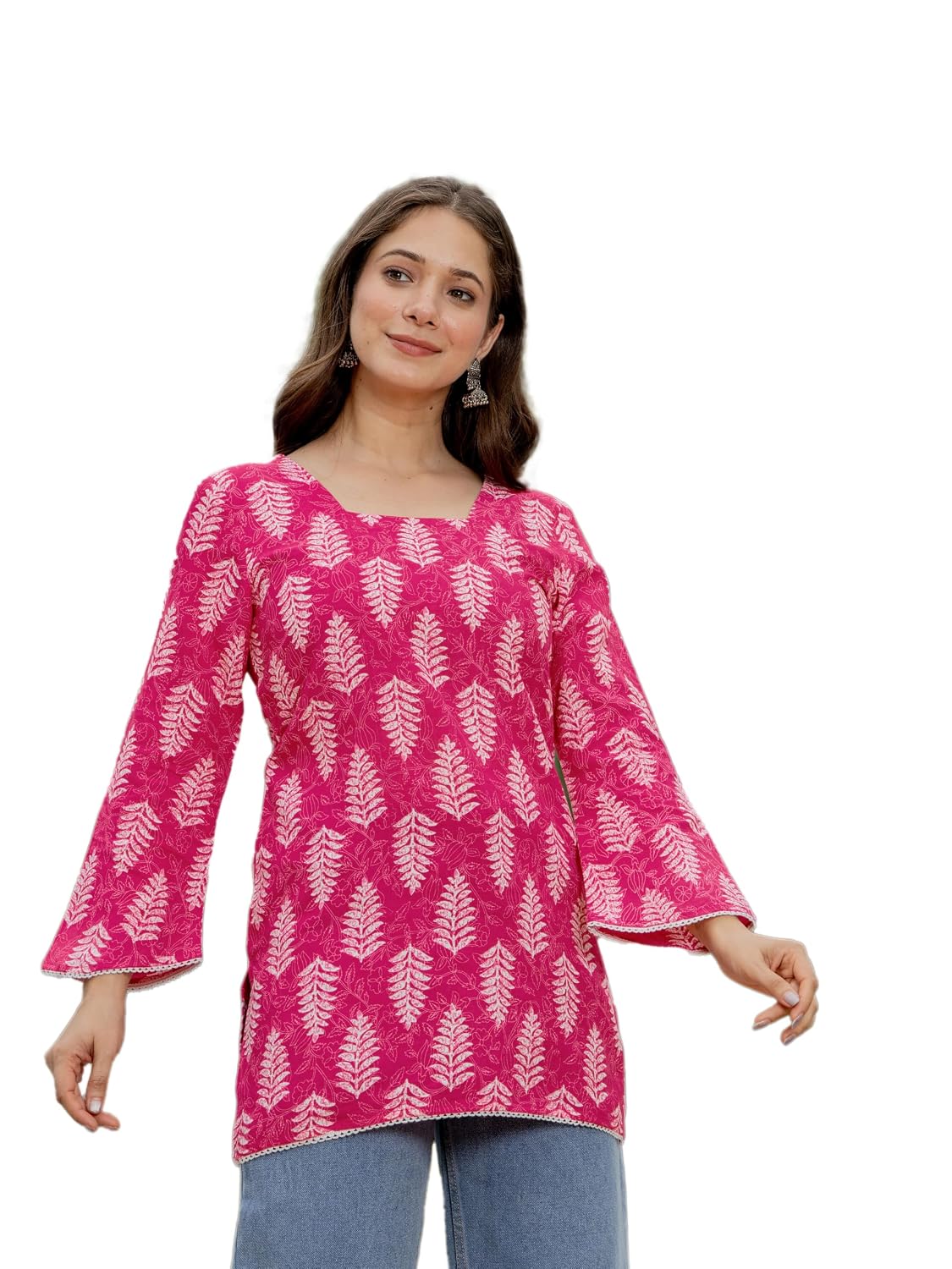 Women's Pure Cotton Leaf Motifs Printed Tunic Top – Comfortable Everyday Wear