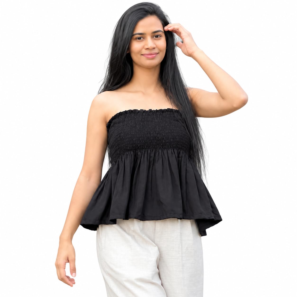 Women's Cotton Strapless Smocked Peplum Top | Sleeveless Tube Top with Elasticated Bodice for Casual Wear