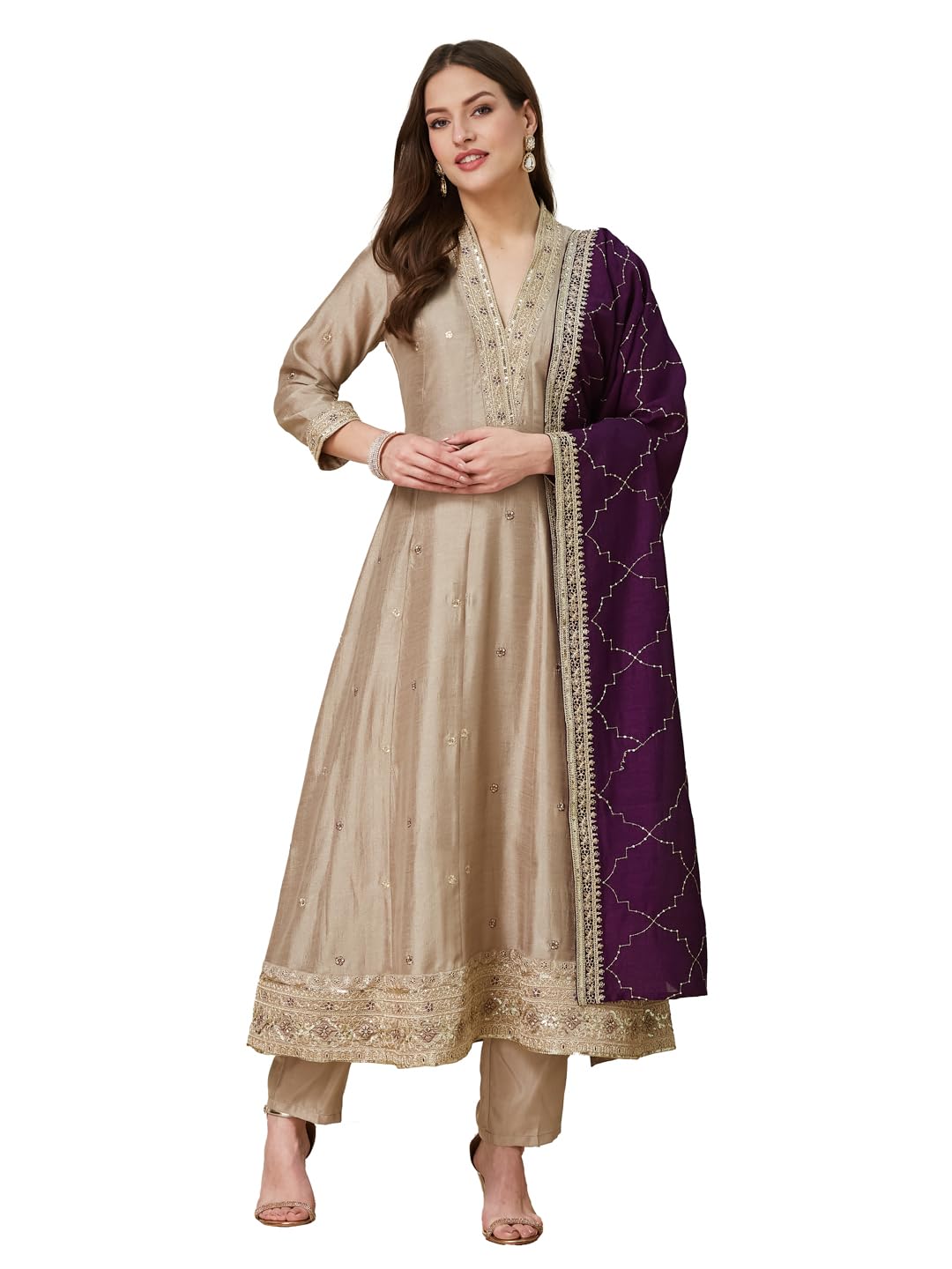 Women’s Silk Embroidery Anarkali Kurta Pant With Dupatta
