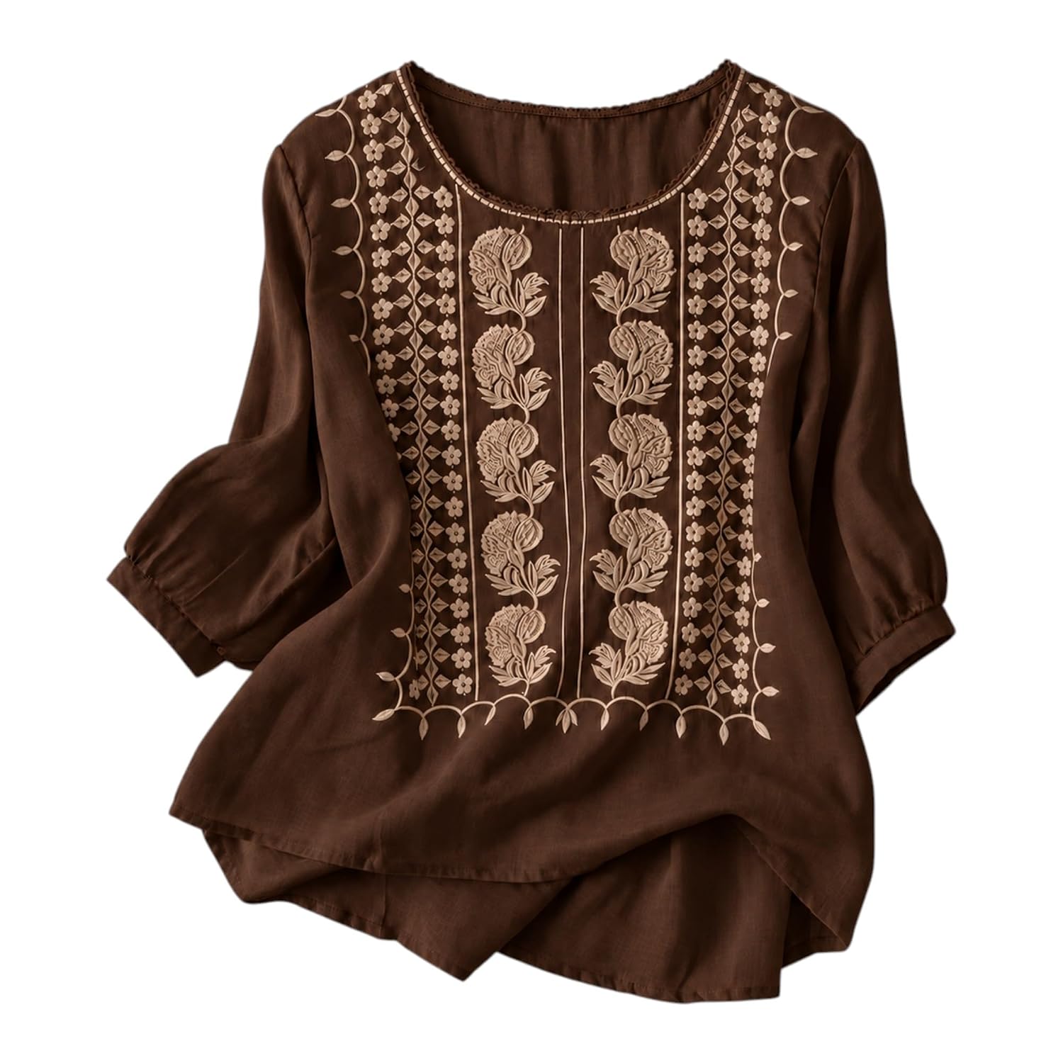 Women Western Shirt with Floral Embroidery Round Neck | Three Quarter Cuffed Sleeves | Relaxed Fit Top