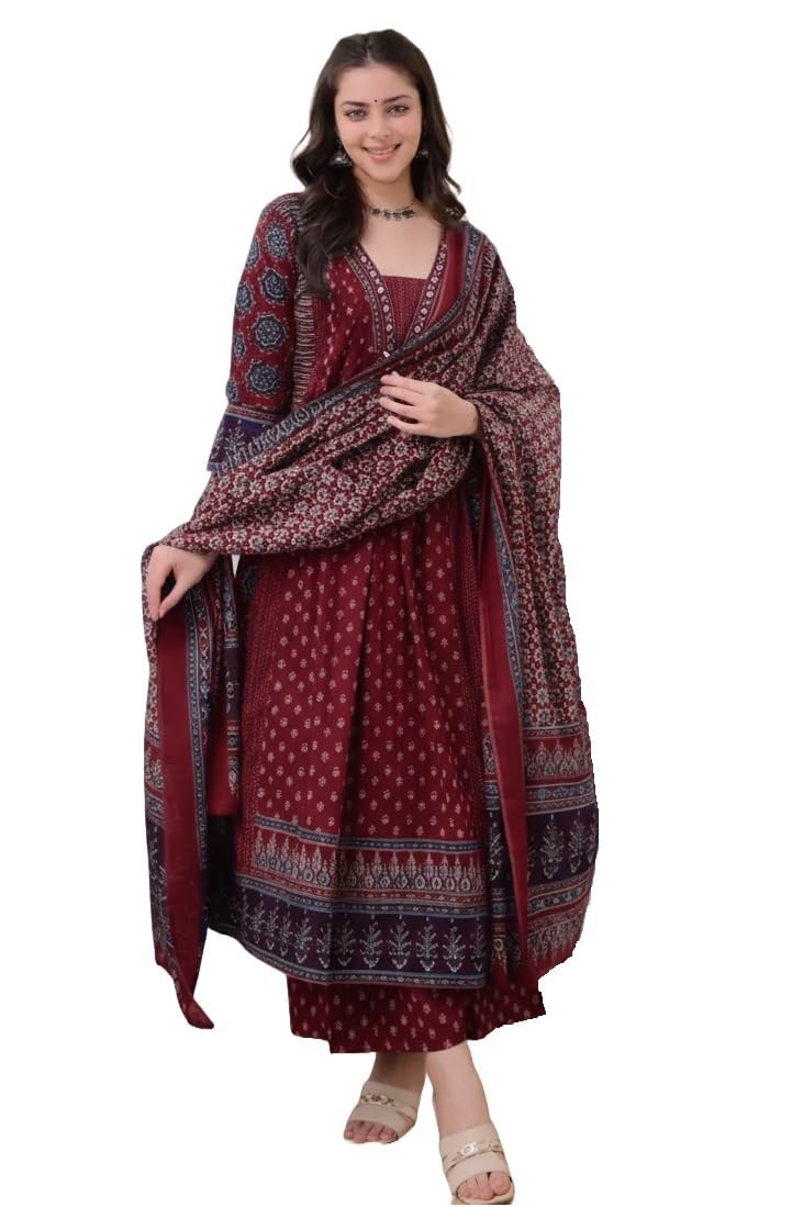 Women's Rayon Printed Anarkali Kurta and Pant with Dupatta Set