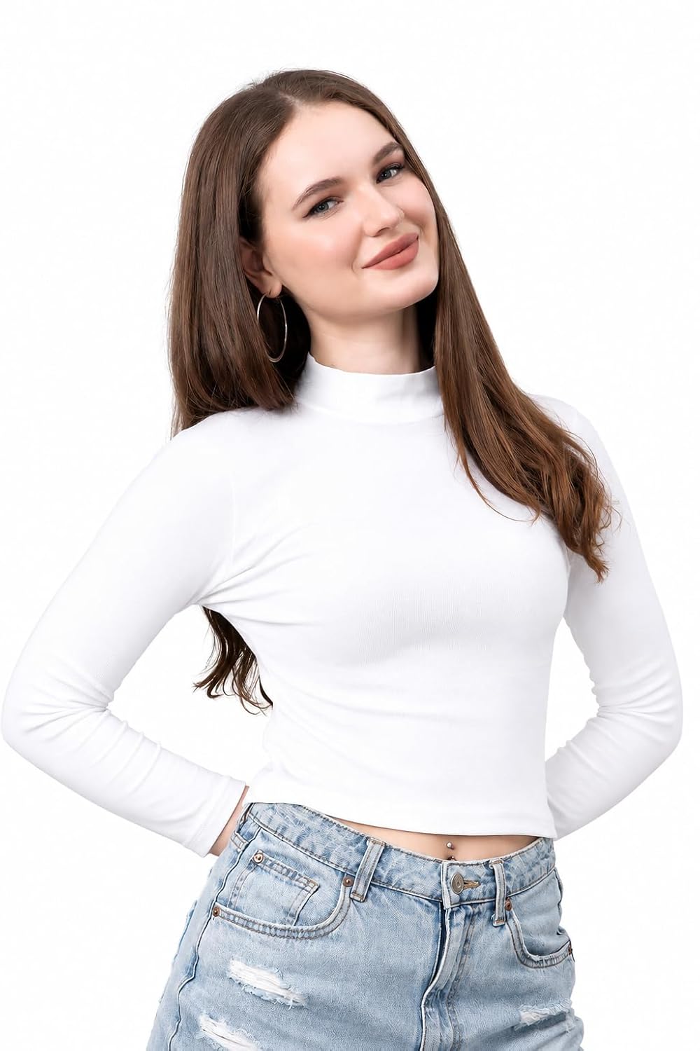 Women's High Neck, Mock Neck Long Sleeve Crop Top